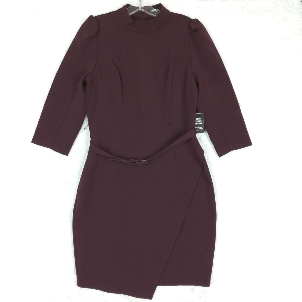 Express Womens‎ Dress Sheath Belted Mock Neck Puff Sleeve Purple Burgundy M New